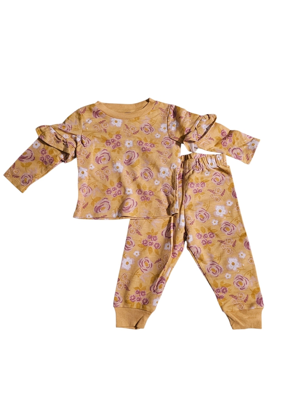 chick pea Mustard Floral Ruffle Pajama Set with Pink & White Flowers